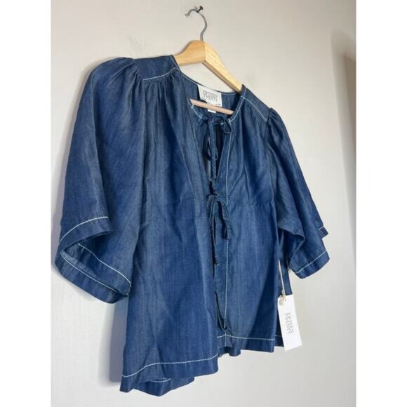 NWT Fifteen Twenty Nadine Bow Detail Short Sleeve Top Blue Size: Extra Small - Picture 3 of 8